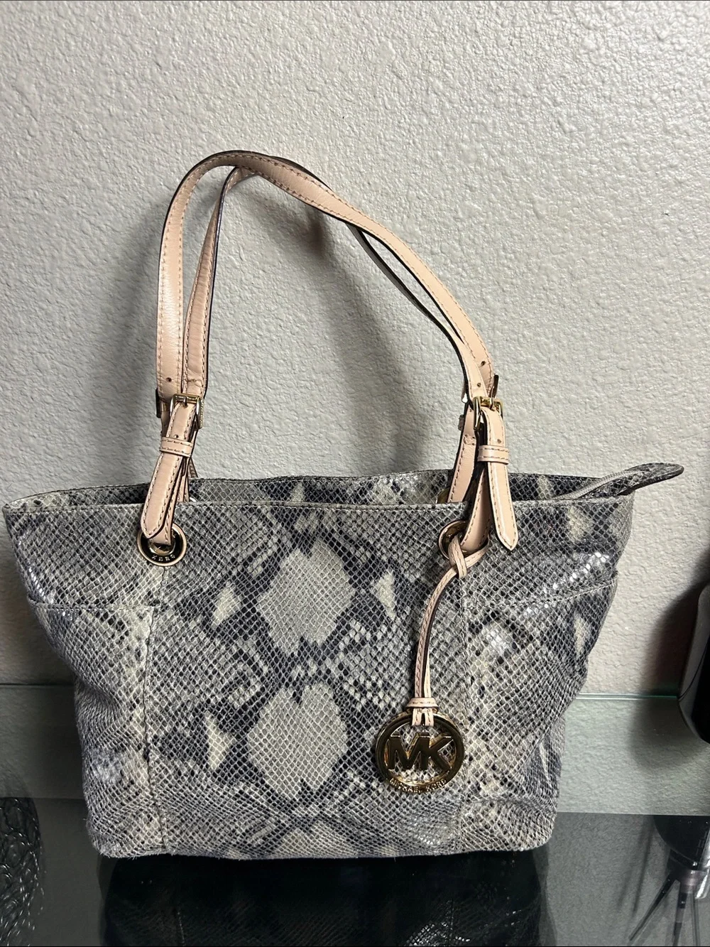MICHAEL Michael Kors Taupe Snake-Print Leather Tote